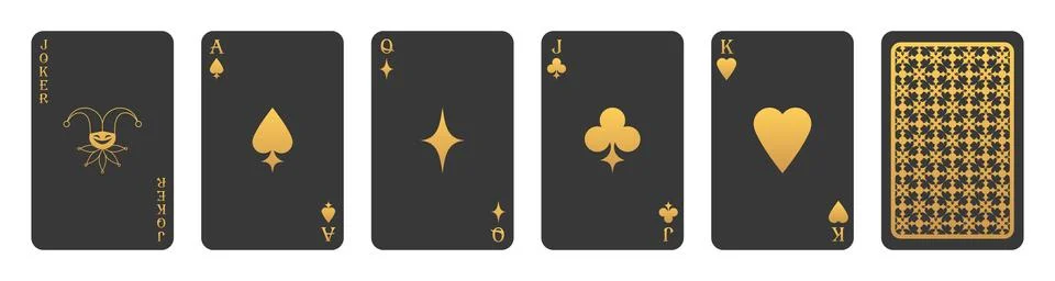 High value playing cards in black and golden colors. Joker, Ace, Queen Illustrazione stock