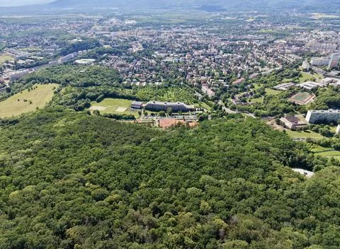 High vantage aerial view of dense forest bordering suburban town with campu.. Stock Photos