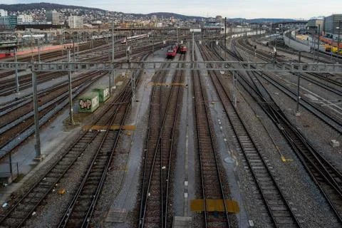 High vantage point view of train railway depot in Zurich city Switzerland Fotos de archivo