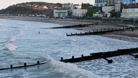 High up view across Cromer beach, North Norfolk Stock-Footage 304759076