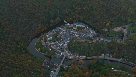 High view of Esch-sur-Sure, Luxembourg, historic castle and old village. Stock Footage 321423052