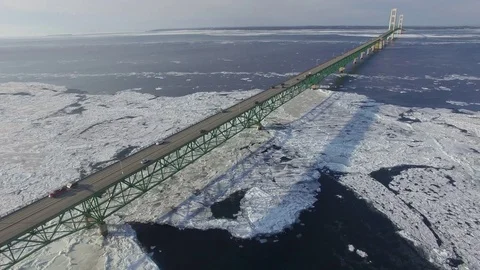 High View of Mackinaw Bridge in Winter Stock Footage 81801957