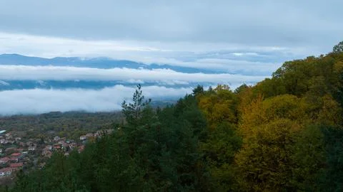 High view over autumn forest with background mountain in dense fog Stock Photos