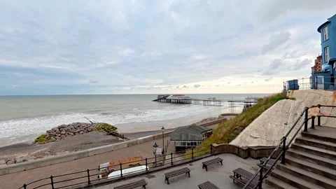 HIgh up view over Cromer beach Video stock 314214434