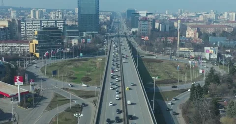 High view over the main boulevard with roundabout in the city of Sofia Stock Footage 300882147