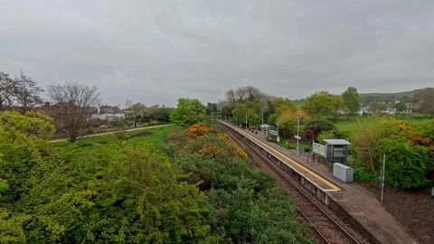 High up view over West Runton train station on the Norfolk Bittern line Video stock 308319108