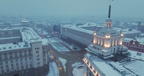 High view over winter Sofia with the parliament building and snowy roofs Stock Footage 297782298
