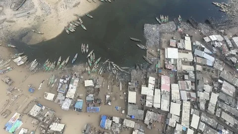 High view of pirogues in Cotonou bay Stock Footage 81127993