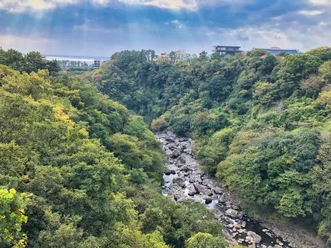 High view from river with rocks Stock Photos