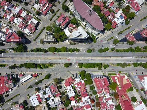 High view of road junction over Guadalupe and Lazaro Cardenas streets Stock Photos