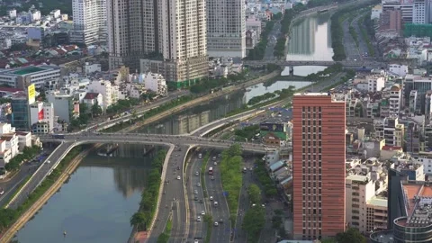 High view of Saigon from top of  sky deck panoramic view Stock Footage 152881150