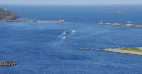 A high view from the sky of a small town beside the ocean. Stock Footage 213758863