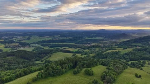 High View Sunset Scene Over Distant Mountains, Rolling Hills, Patchwork Fields, Stock Footage 346261751