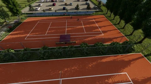High view of tennis base camp, zooming in on an athlete training on court, b Stock Footage 146637796