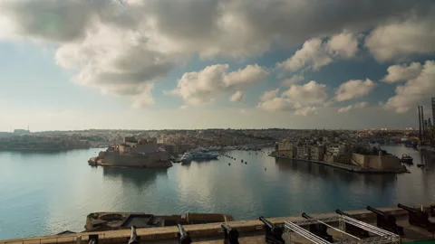 Up-high view time lapse panoramic view of harbor town in sunset Stock Footage 140349244