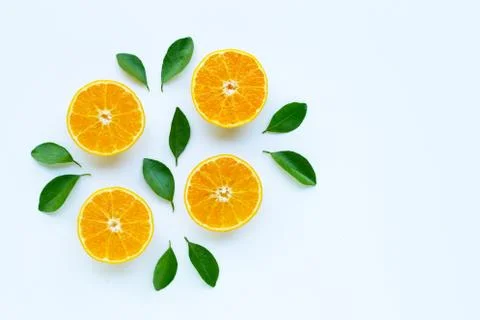 High vitamin C, Orange fruits with leaves on white background. Stock Photos