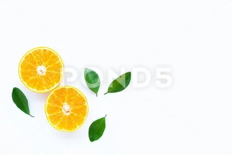 High vitamin C, Orange fruits with leaves on white background. Stock Photos