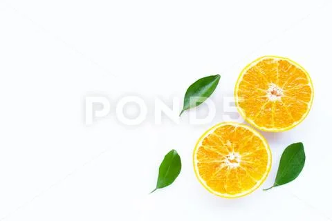 High vitamin C, Orange fruits with leaves on white background. Stock Photos