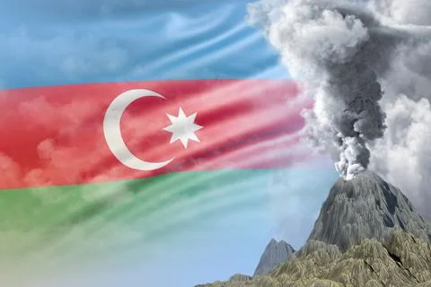 High volcano blast eruption at day time with white smoke on Azerbaijan flag Stock Illustration