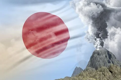 High volcano blast eruption at day time with white smoke on Japan flag Stock Illustration