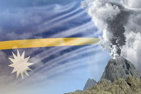 High volcano blast eruption at day time with white smoke on Nauru flag Stock Illustration