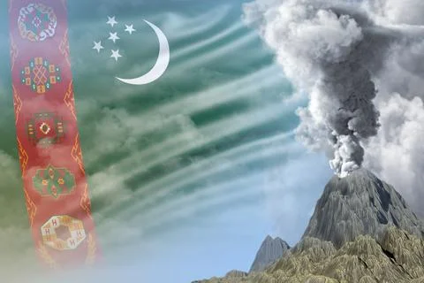 High volcano blast eruption at day time with white smoke on Turkmenistan flag Stock Illustration
