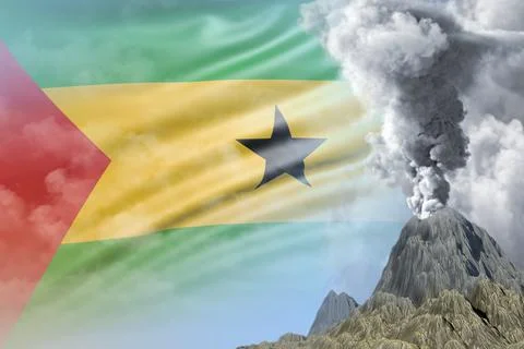 High volcano blast eruption at day time with white smoke on Sao Tome Stock Illustration