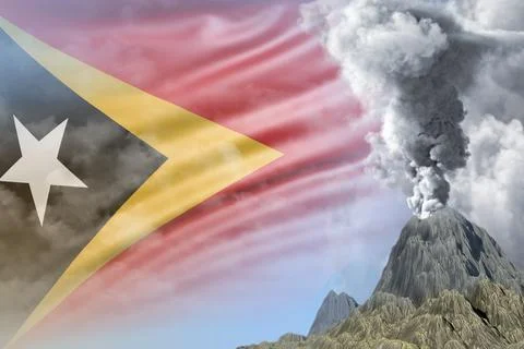 High volcano blast eruption at day time with white smoke on Timor flag Stock Illustration