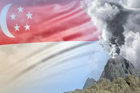High volcano blast eruption at day time with white smoke on Singapore flag Stock Illustration