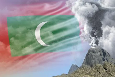 High volcano blast eruption at day time with white smoke on Maldives flag Stock Illustration