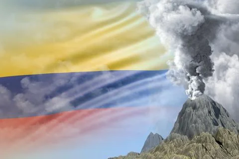 High volcano blast eruption at day time with white smoke on Colombia flag Stock Illustration