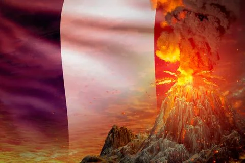 High volcano blast eruption at night with explosion on France flag background Ilustração Stock