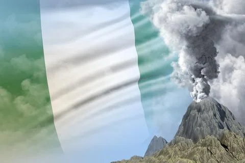 High volcano eruption at day time with white smoke on Nigeria flag background Illustrazione stock