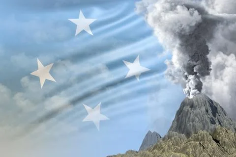 High volcano eruption at day time with white smoke on Micronesia flag Stock Illustration