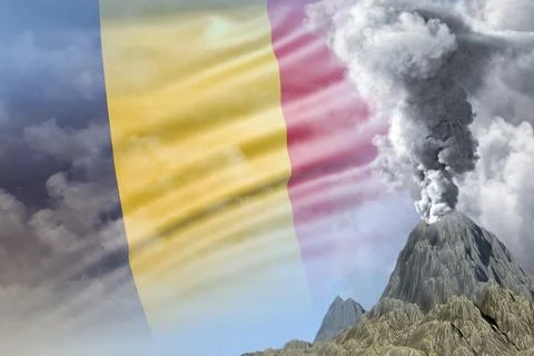 High volcano eruption at day time with white smoke on Chad flag background Illustrazione stock