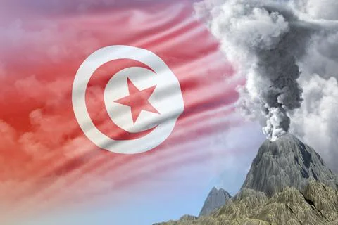 High volcano eruption at day time with white smoke on Tunisia flag background Illustrazione stock