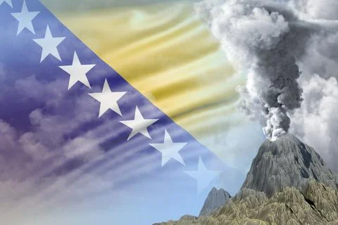 High volcano eruption at day time with white smoke on Bosnia and Herzegovina Stock Illustration