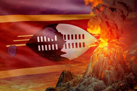 High volcano eruption at night with explosion on Swaziland flag background Stockillustratie