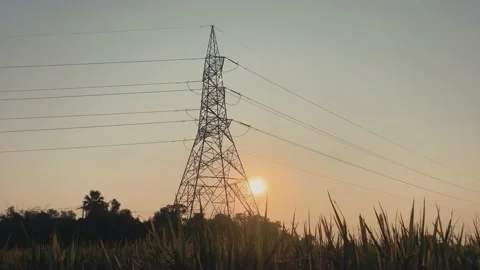 High voltage cable and sunset backside Stock Footage 224901542