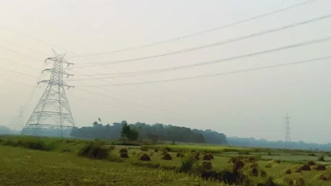 High voltage cable and sunset backside Stock Footage 225006782