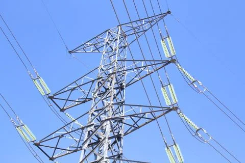 High voltage cable and tower Stockfoto's