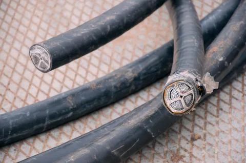 High voltage cable cut. Electrical Products. Many leads and shileding cables Stock Photos