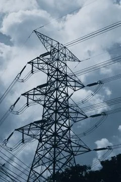 High voltage cable power post steel tower pylons mono color tone. Stock Photos