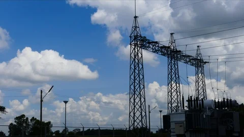 High voltage with clouds moving in the background. 스톡 동영상 97338391