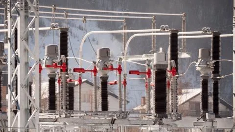 High voltage current transformer in a power substations Stock Photos