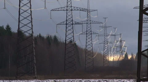 High voltage electric lines at sunset, HD footage Video stock 47896913