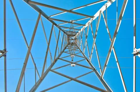 High voltage electric pillar from below Stock Photos