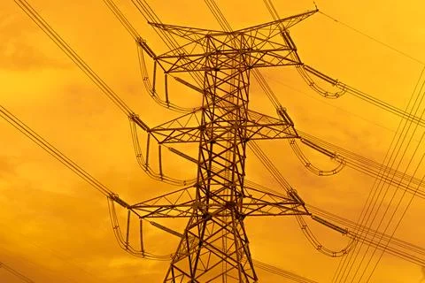 High voltage electric pole with power line electricity engineer distributio.. Stockfoto's