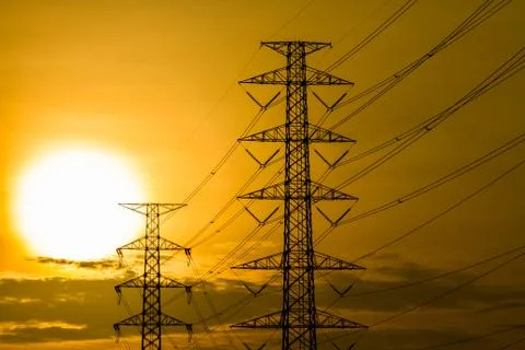 High voltage electric post with sunlight in The morning, Chiangmai Thailand Stock Photos
