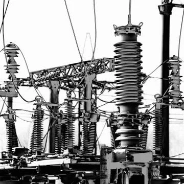 High voltage electric power. Structure power station in high contrast Illustrazione stock